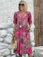 Women's printed V-neck A-line midi dress with pockets in multiple colours