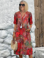Women's printed V-neck A-line midi dress with pockets in multiple colours
