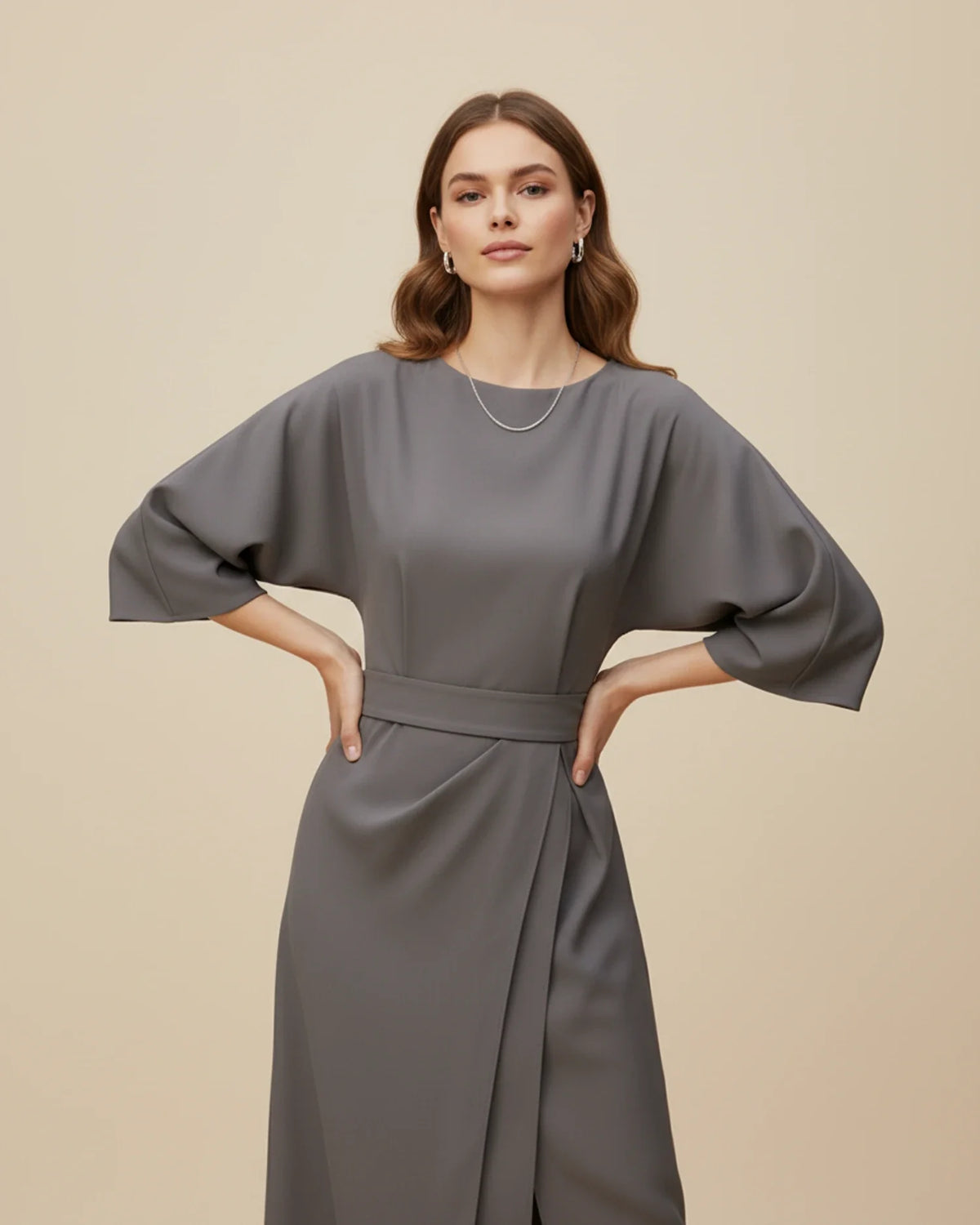 Women's wrap midi dress with puff sleeves and belted waist, available in multiple colours