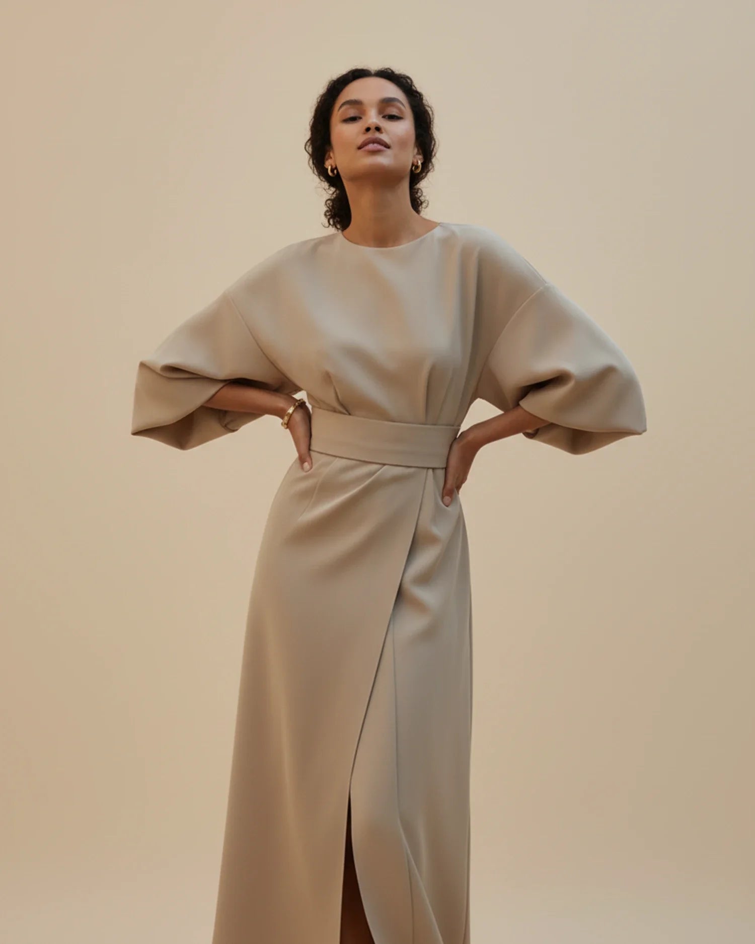 Women's wrap midi dress with puff sleeves and belted waist, available in multiple colours