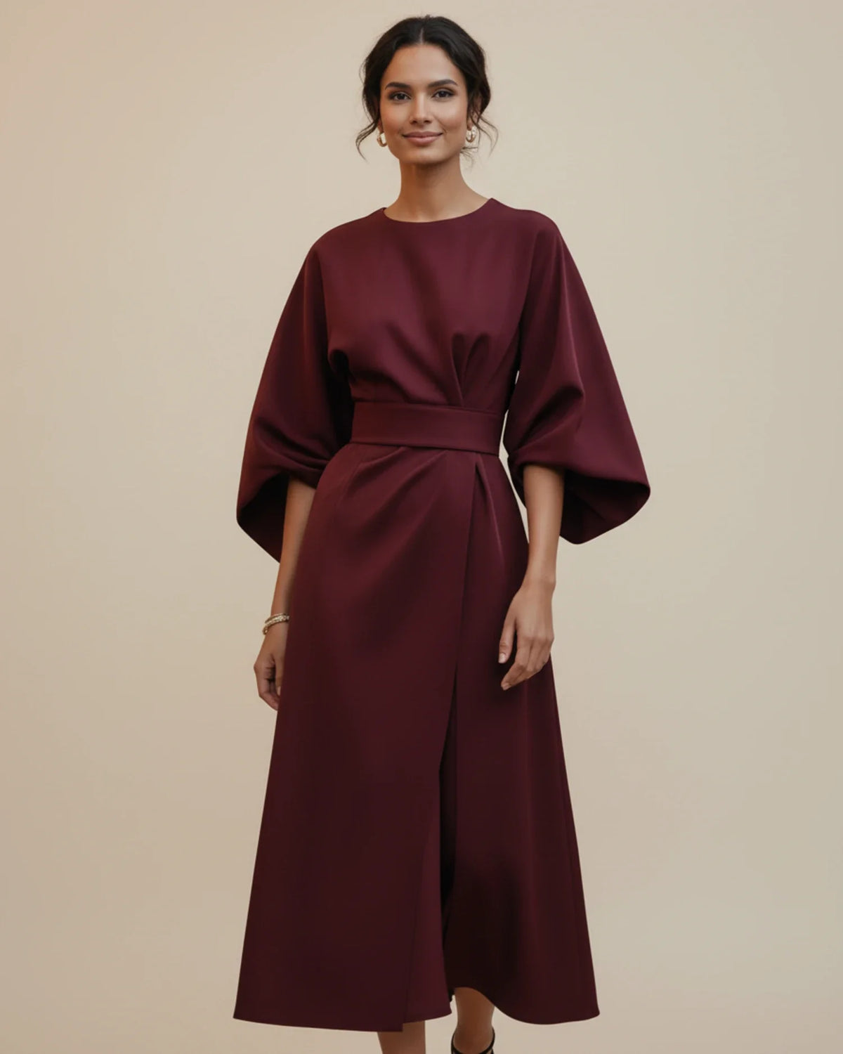 Women's wrap midi dress with puff sleeves and belted waist, available in multiple colours