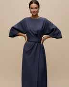 Women's wrap midi dress with puff sleeves and belted waist, available in multiple colours