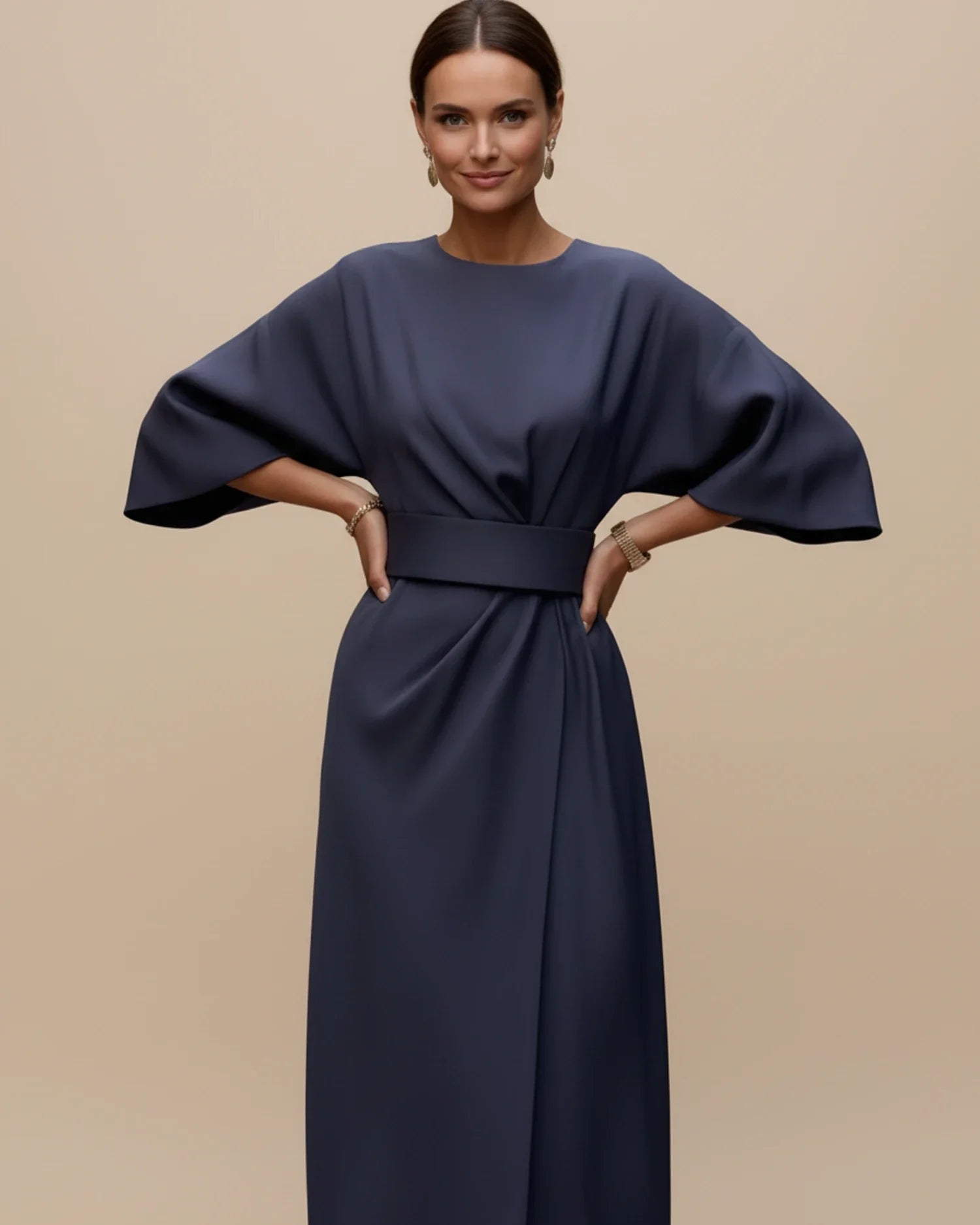 Women's wrap midi dress with puff sleeves and belted waist, available in multiple colours
