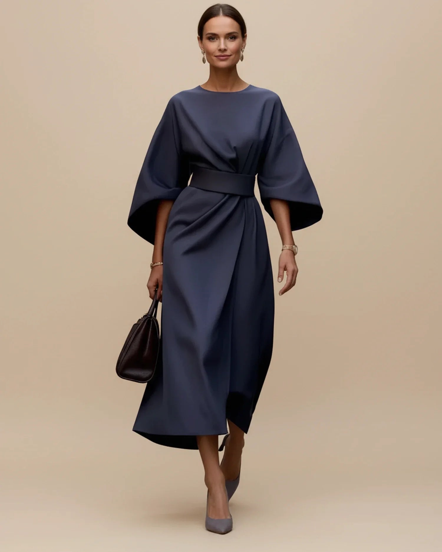 Women's wrap midi dress with puff sleeves and belted waist, available in multiple colours