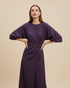 Women's wrap midi dress with puff sleeves and belted waist, available in multiple colours