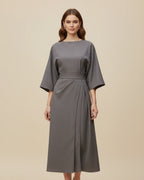 Women's wrap midi dress with puff sleeves and belted waist, available in multiple colours
