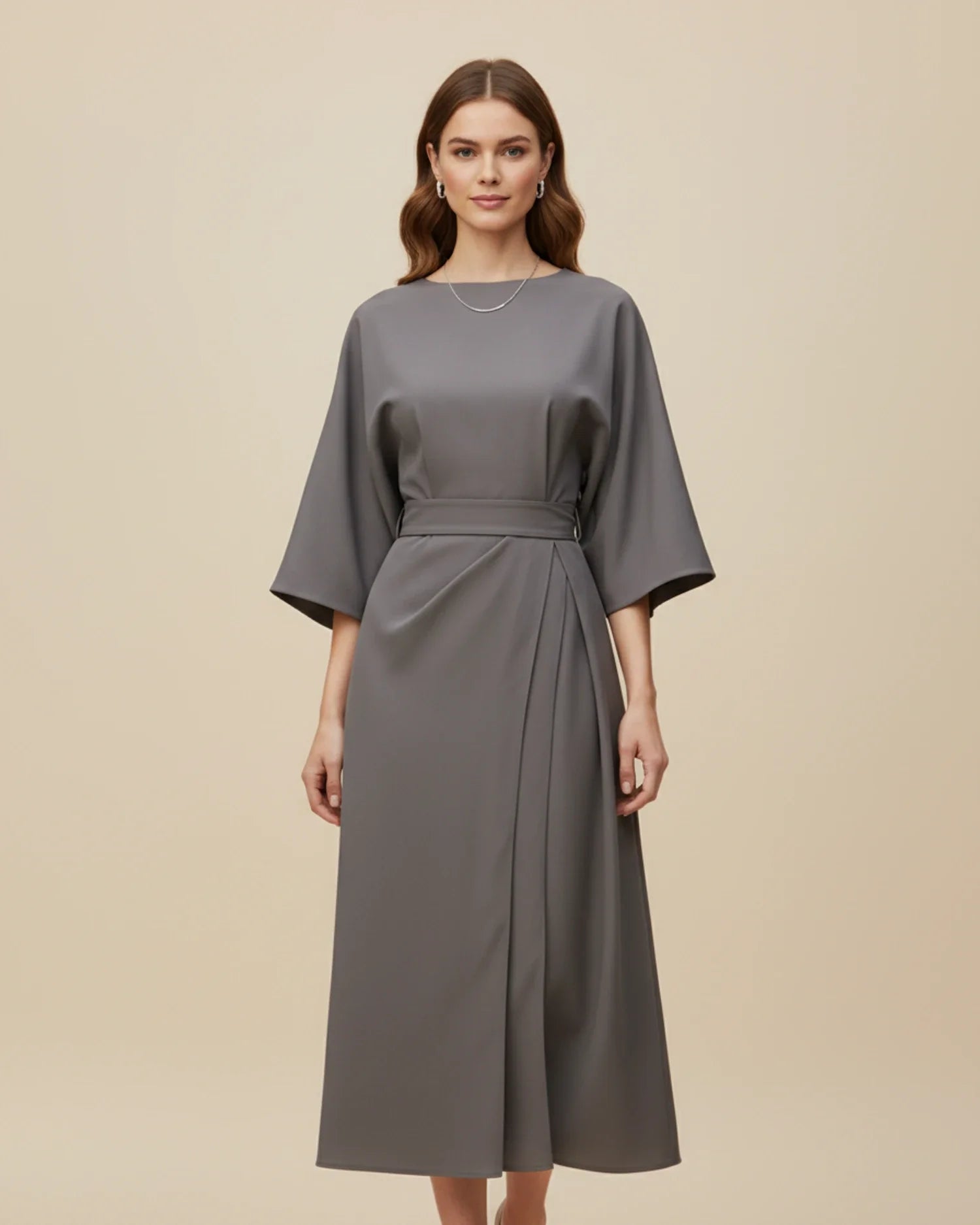 Women's wrap midi dress with puff sleeves and belted waist, available in multiple colours