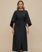 Women's wrap midi dress with puff sleeves and belted waist, available in multiple colours