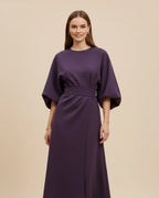 Women's wrap midi dress with puff sleeves and belted waist, available in multiple colours