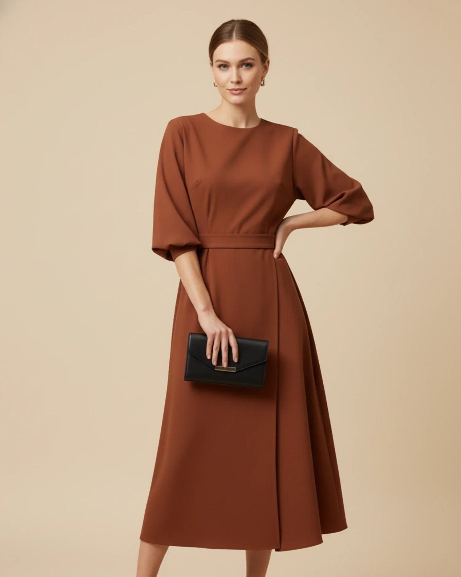 Women's wrap midi dress with puff sleeves and belted waist, available in multiple colours