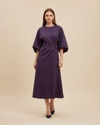 Women's wrap midi dress with puff sleeves and belted waist, available in multiple colours