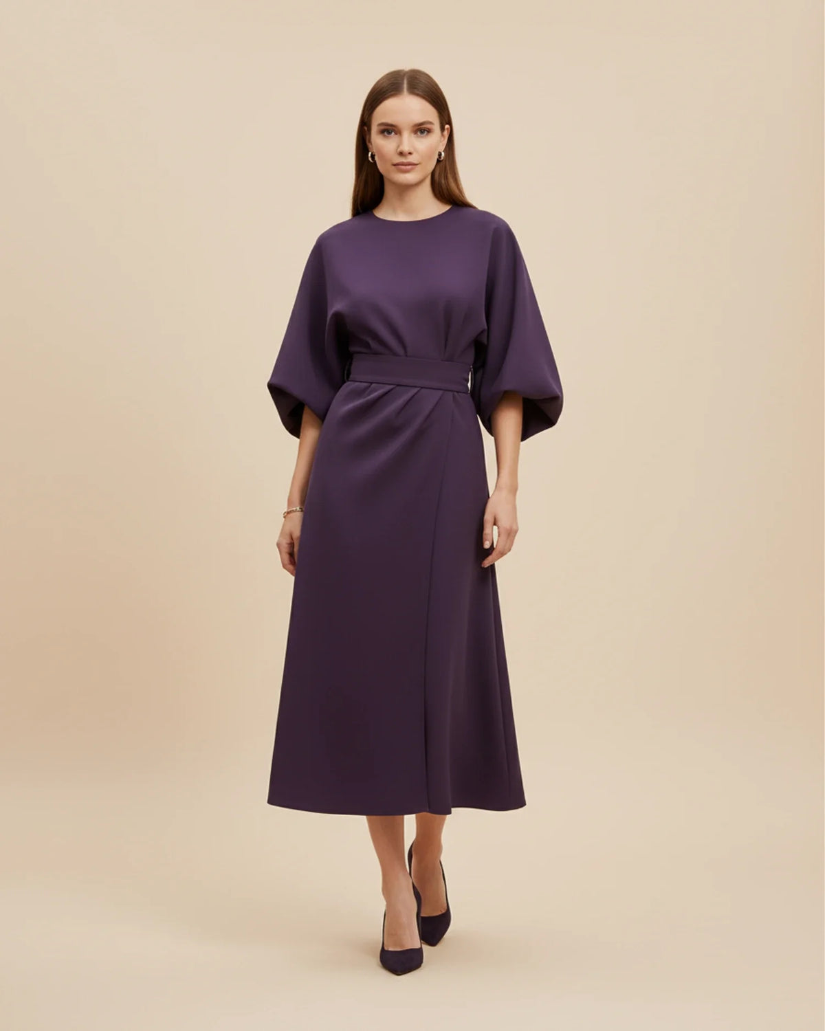Women's wrap midi dress with puff sleeves and belted waist, available in multiple colours