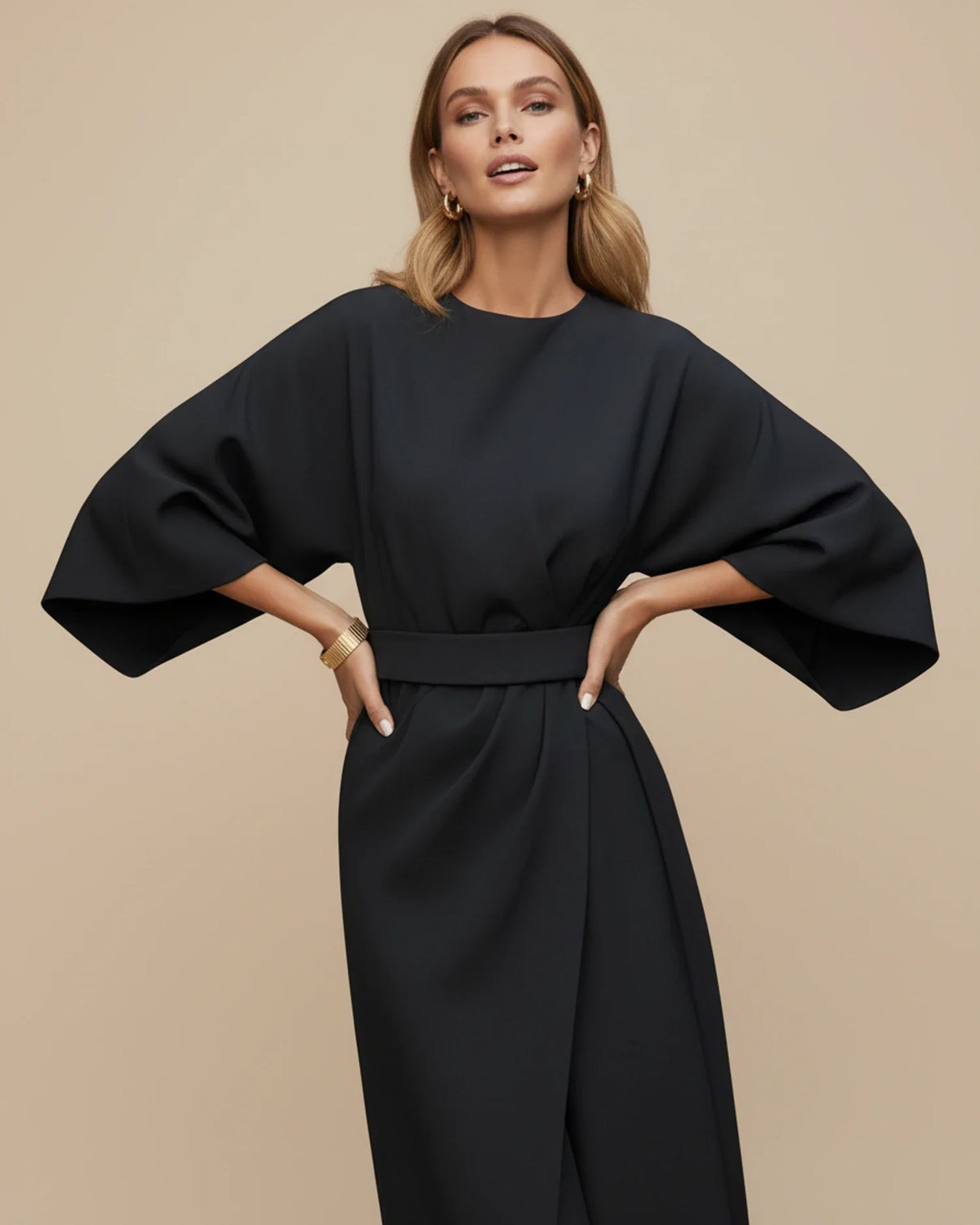 Women's wrap midi dress with puff sleeves and belted waist, available in multiple colours