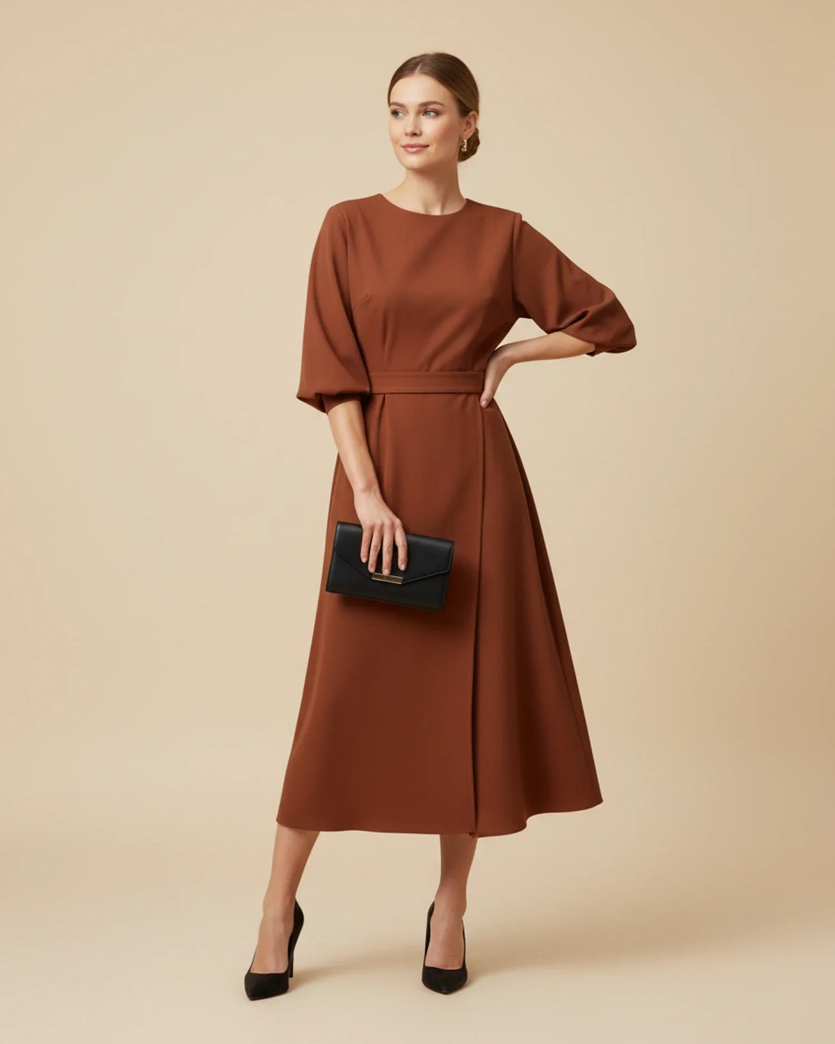 Women's wrap midi dress with puff sleeves and belted waist, available in multiple colours