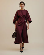 Women's wrap midi dress with puff sleeves and belted waist, available in multiple colours
