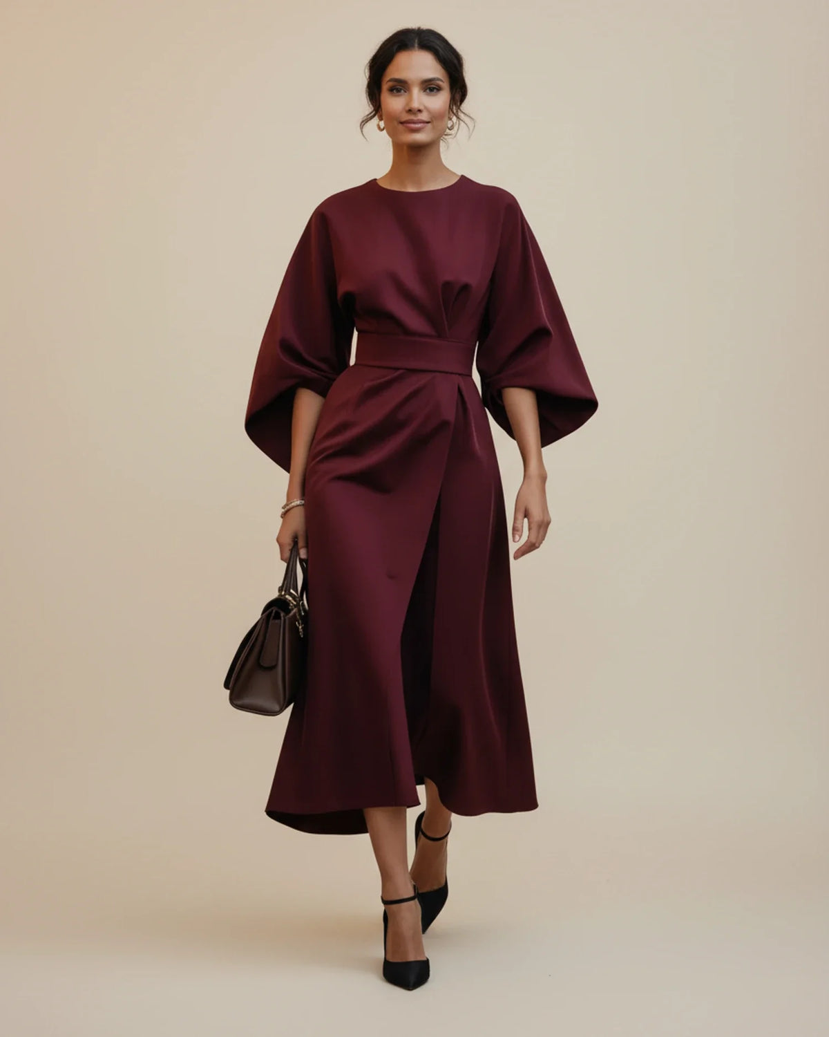 Women's wrap midi dress with puff sleeves and belted waist, available in multiple colours