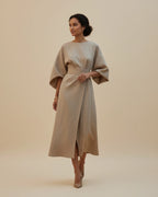 Women's wrap midi dress with puff sleeves and belted waist, available in multiple colours