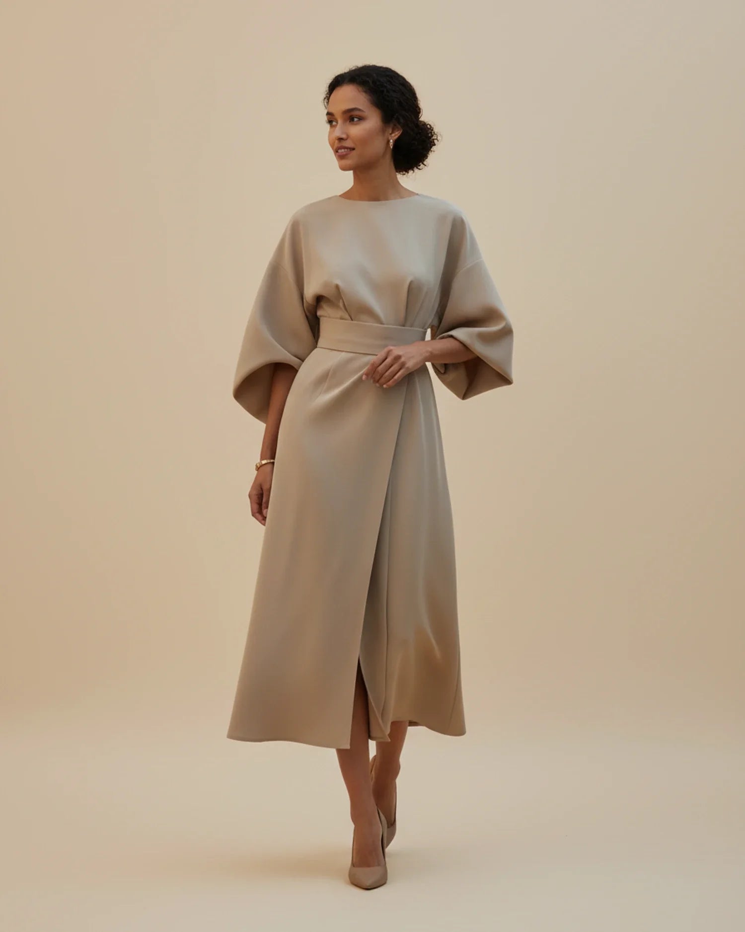 Women's wrap midi dress with puff sleeves and belted waist, available in multiple colours