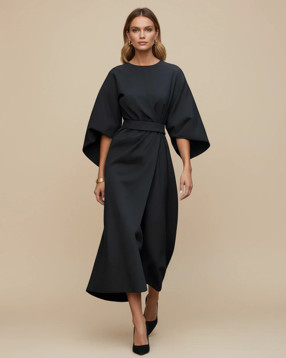 Women's wrap midi dress with puff sleeves and belted waist, available in multiple colours