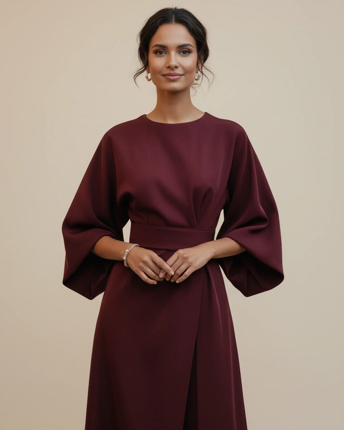 Women's wrap midi dress with puff sleeves and belted waist, available in multiple colours