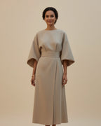 Women's wrap midi dress with puff sleeves and belted waist, available in multiple colours