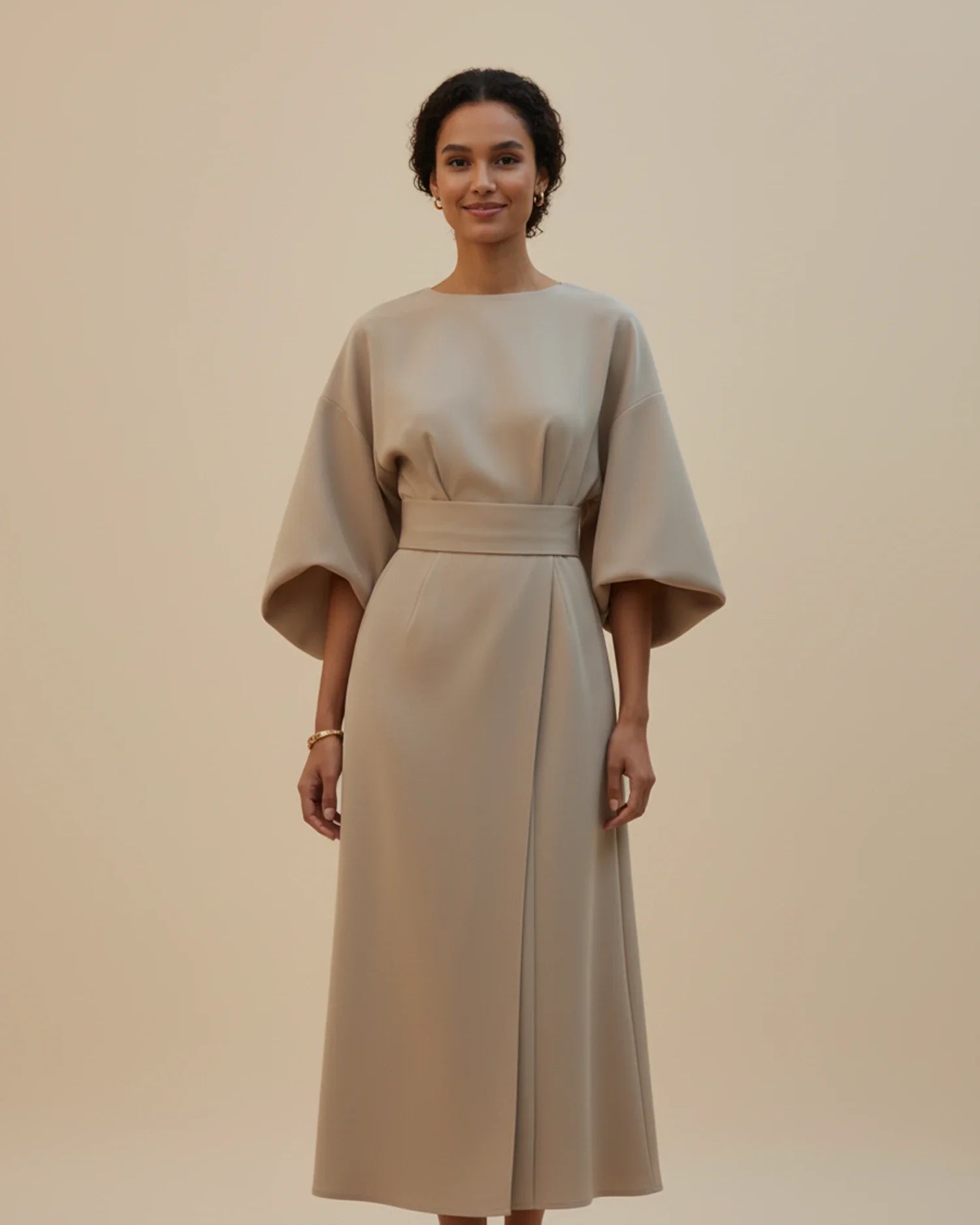 Women's wrap midi dress with puff sleeves and belted waist, available in multiple colours