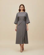 Women's wrap midi dress with puff sleeves and belted waist, available in multiple colours