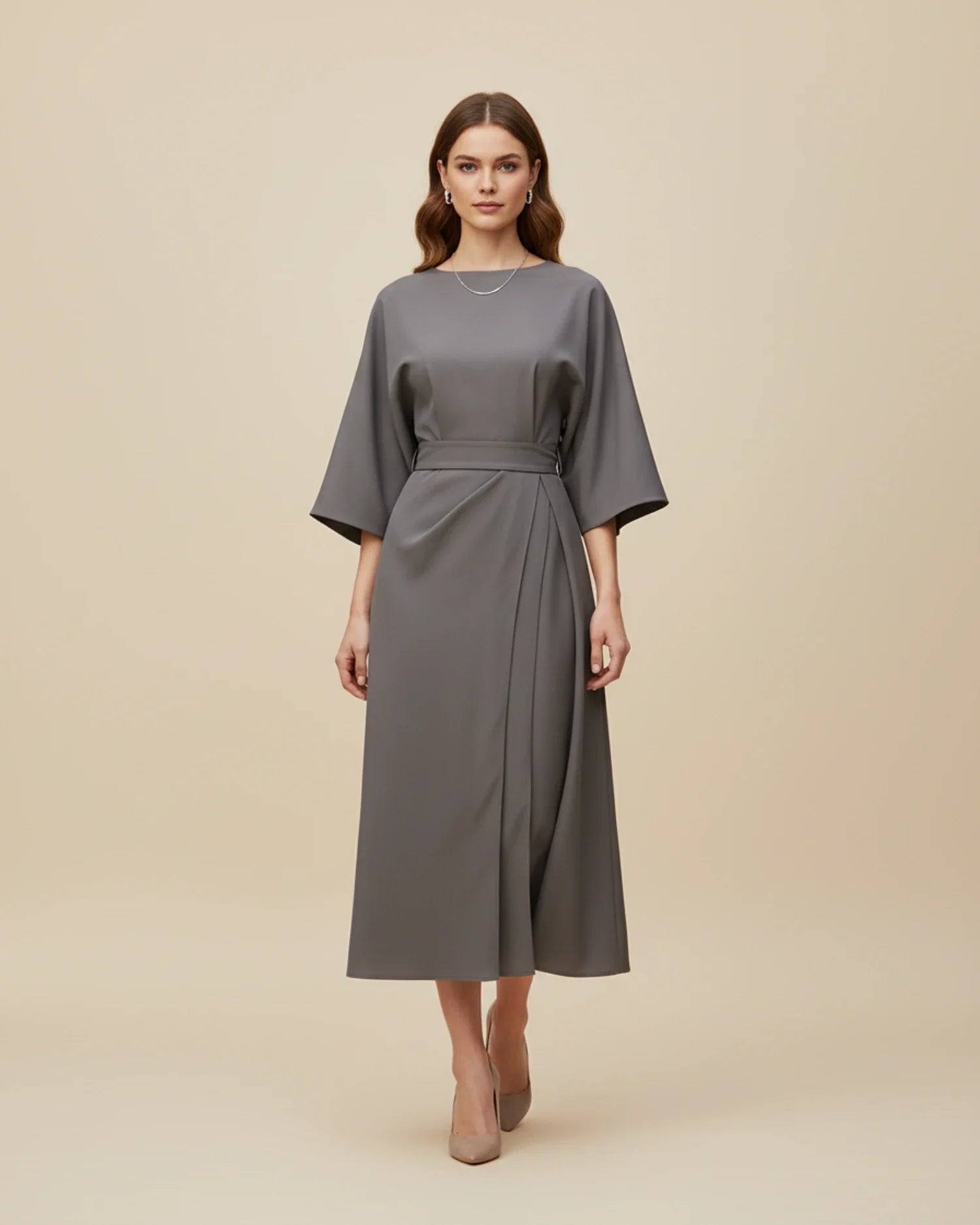 Women's wrap midi dress with puff sleeves and belted waist, available in multiple colours