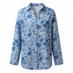 Women abstract print split neck blouse long sleeve button front in multiple colors