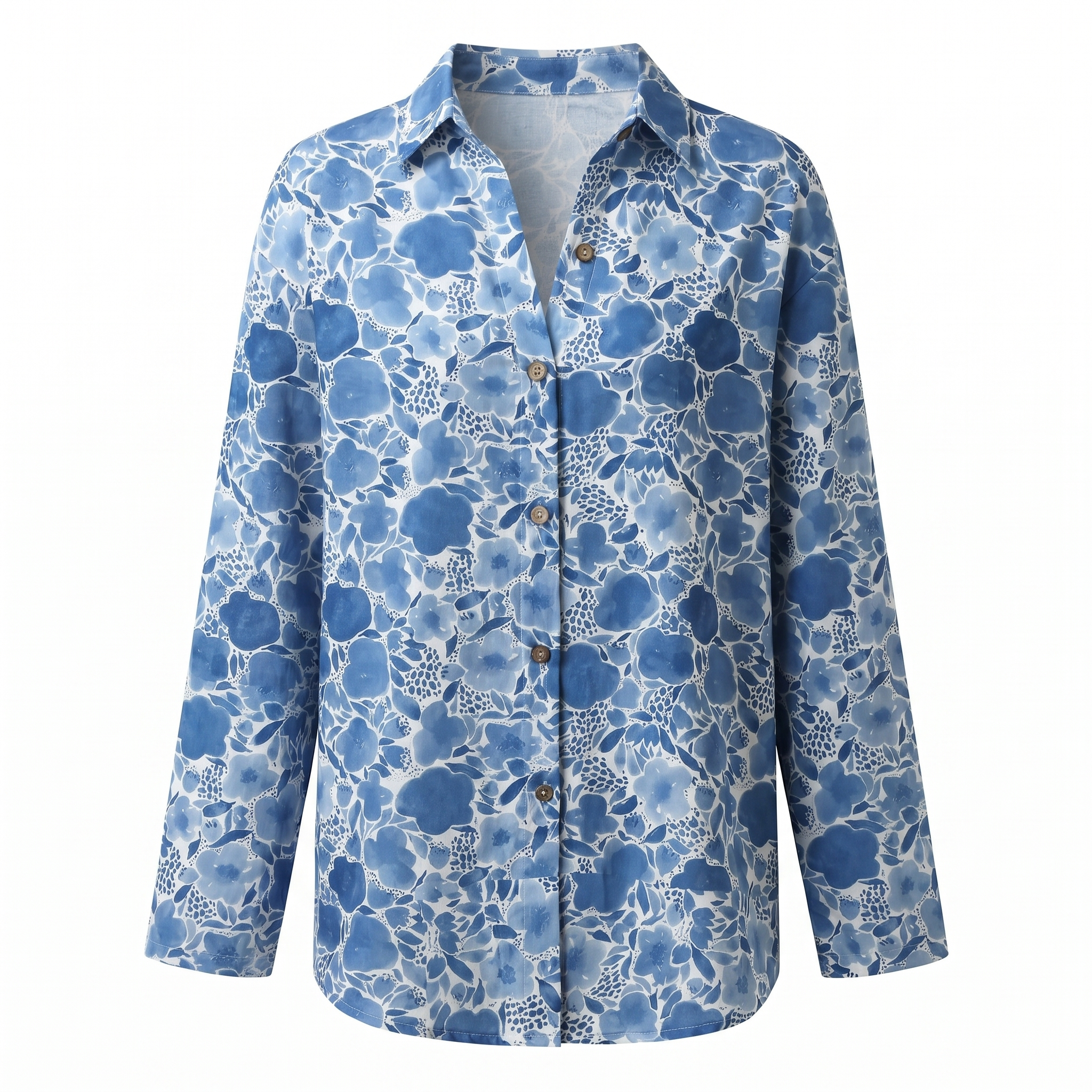 Women abstract print split neck blouse long sleeve button front in multiple colors