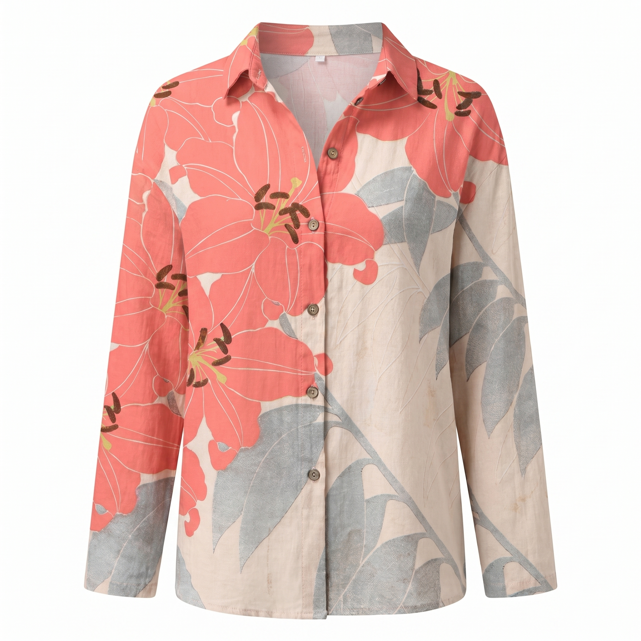 Women abstract print split neck blouse long sleeve button front in multiple colors