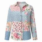 Women abstract print split neck blouse long sleeve button front in multiple colors