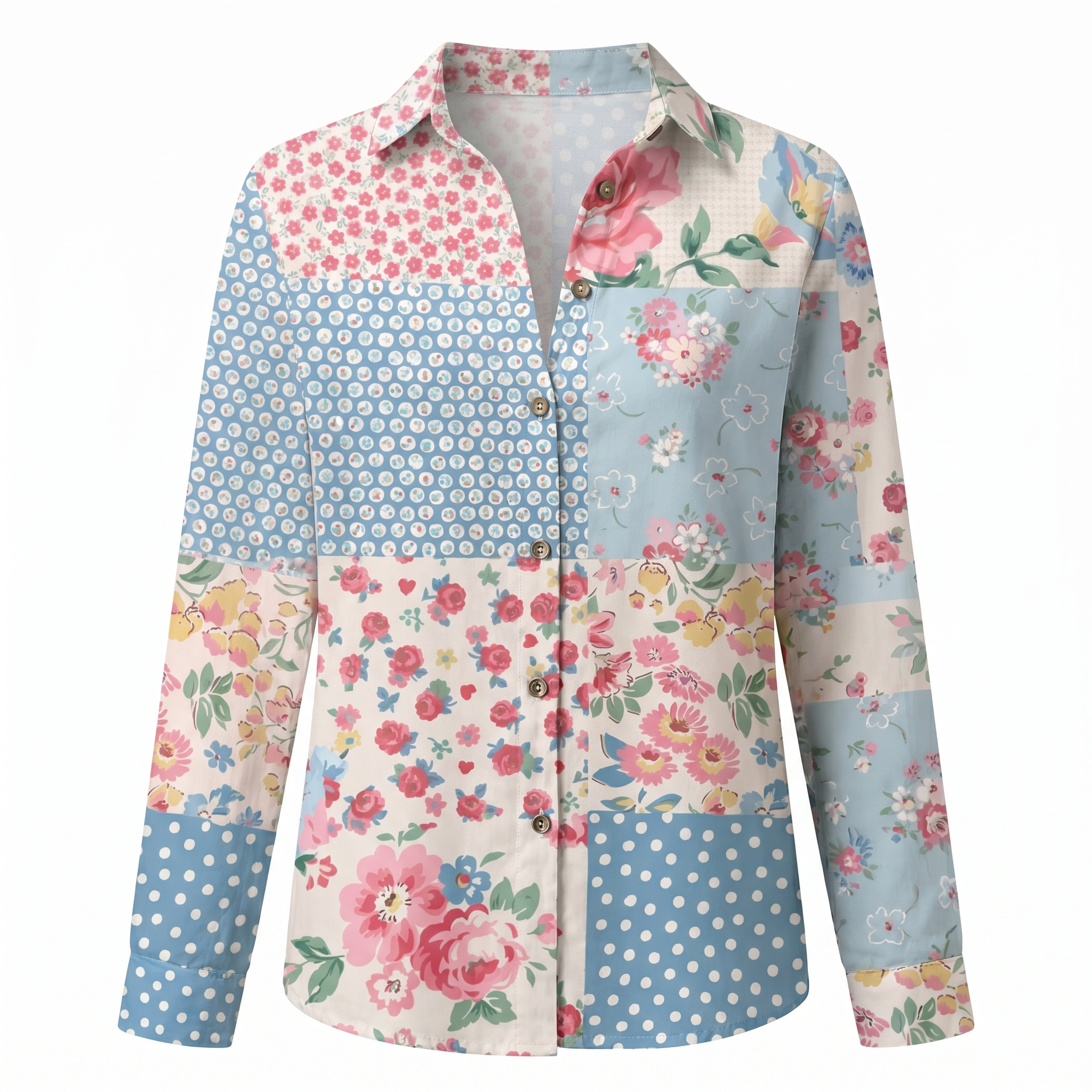 Women abstract print split neck blouse long sleeve button front in multiple colors