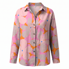 Women abstract print split neck blouse long sleeve button front in multiple colors
