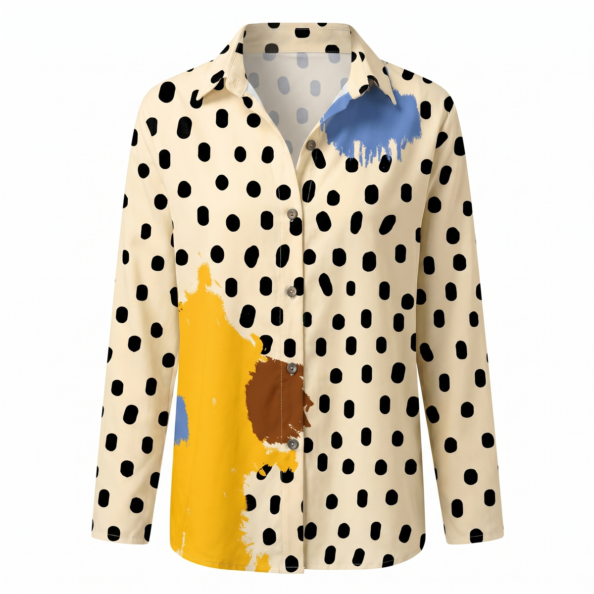 Women abstract print split neck blouse long sleeve button front in multiple colors