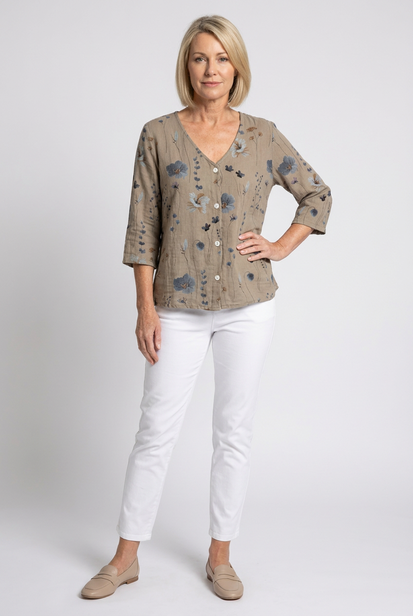 Women floral blouse V-neck three-quarter sleeves relaxed loose fit