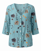 Women floral blouse V-neck three-quarter sleeves relaxed loose fit