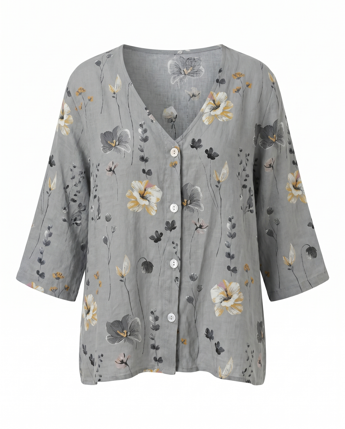 Women floral blouse V-neck three-quarter sleeves relaxed loose fit