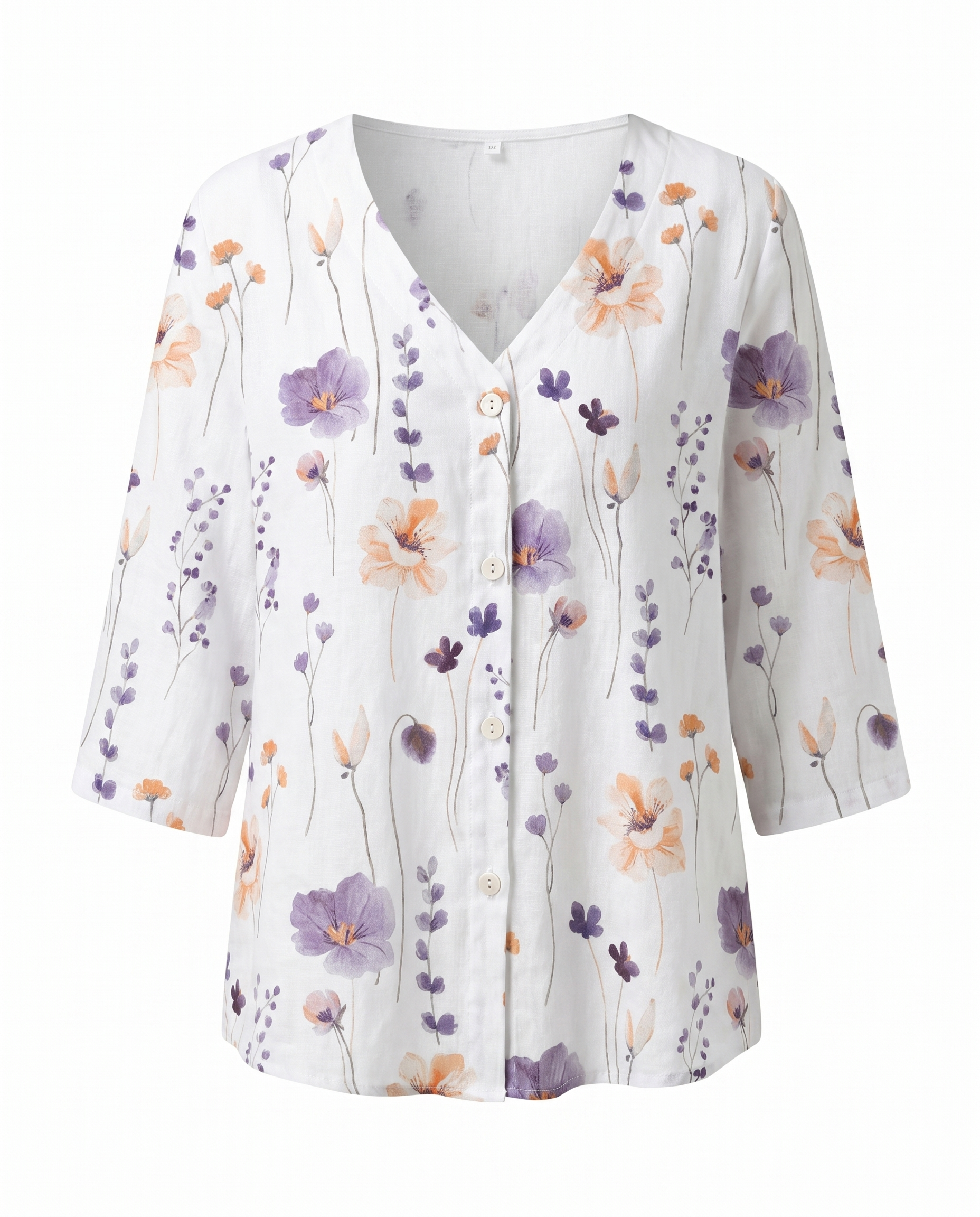 Women floral blouse V-neck three-quarter sleeves relaxed loose fit