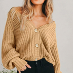 Women chunky knit oversized cardigan balloon sleeve V-neck button front