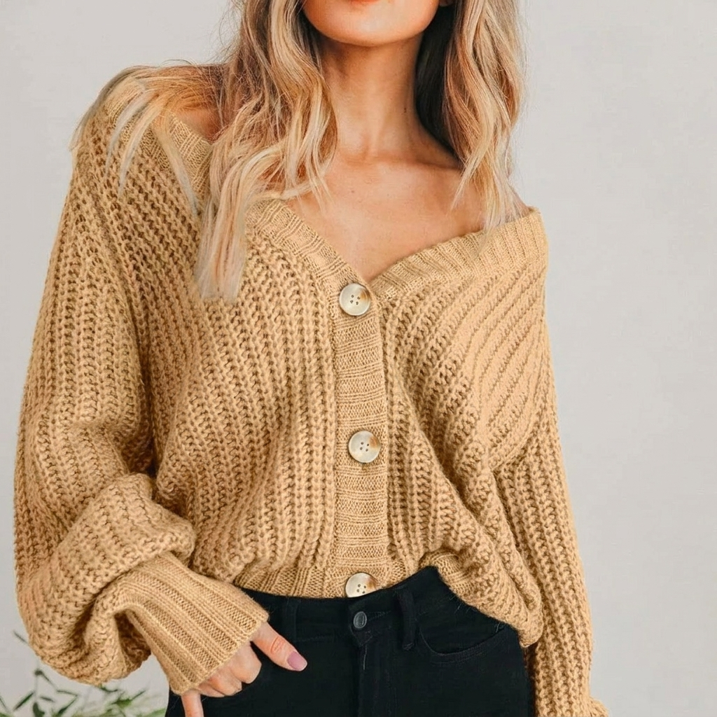 Women chunky knit oversized cardigan balloon sleeve V-neck button front