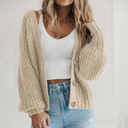 Women chunky knit oversized cardigan balloon sleeve V-neck button front