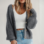 Women chunky knit oversized cardigan balloon sleeve V-neck button front