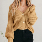 Women chunky knit oversized cardigan balloon sleeve V-neck button front