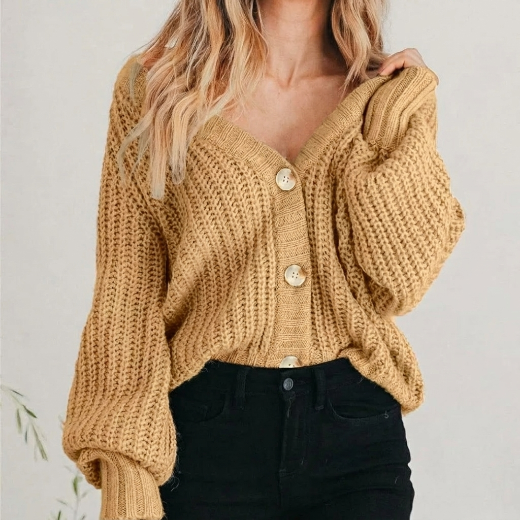 Women chunky knit oversized cardigan balloon sleeve V-neck button front