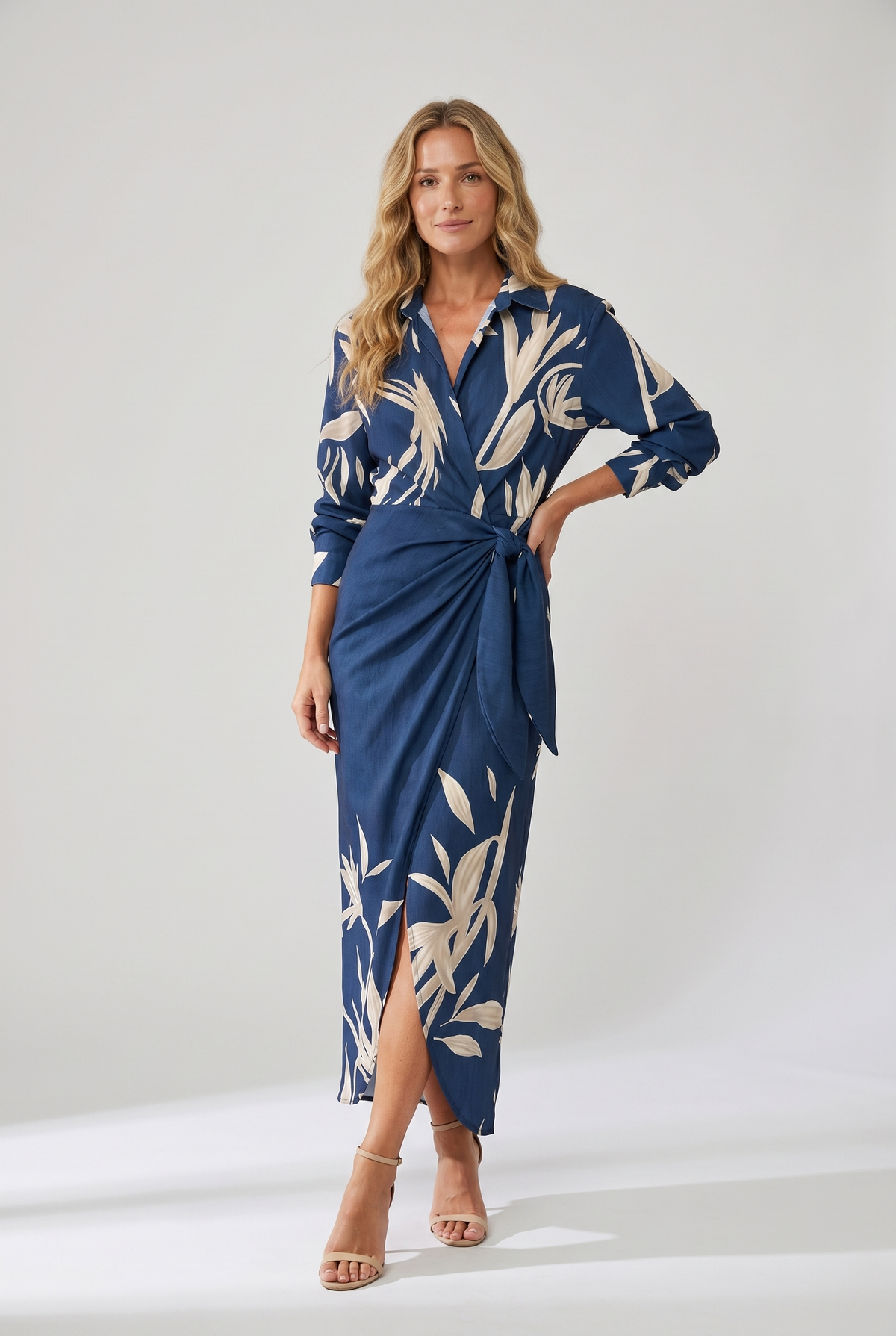 Women's wrap maxi dress with leaf print, collared V-neckline and long sleeves