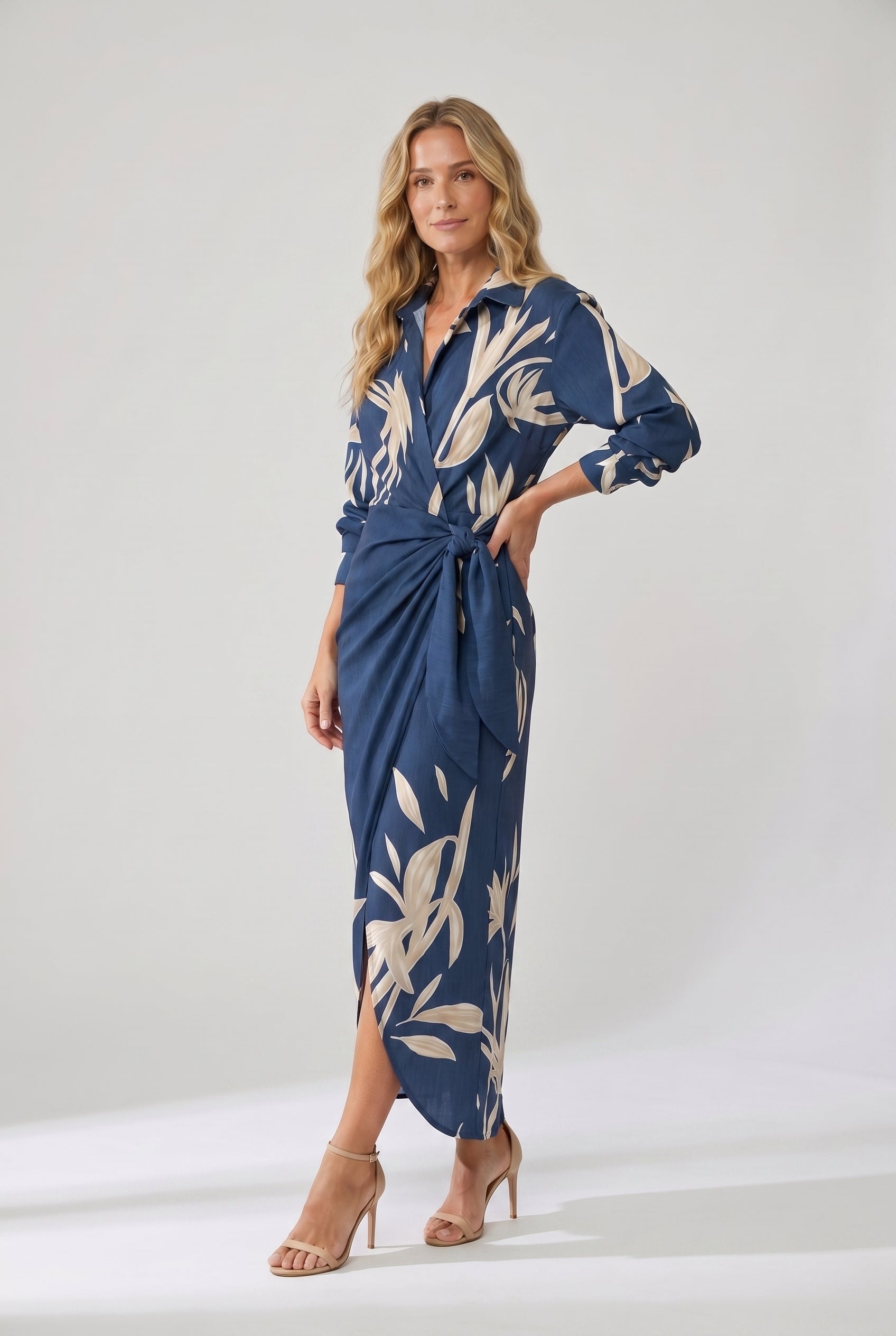 Women's wrap maxi dress with leaf print, collared V-neckline and long sleeves