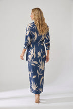 Women's wrap maxi dress with leaf print, collared V-neckline and long sleeves
