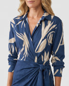 Women's wrap maxi dress with leaf print, collared V-neckline and long sleeves
