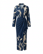 Women's wrap maxi dress with leaf print, collared V-neckline and long sleeves